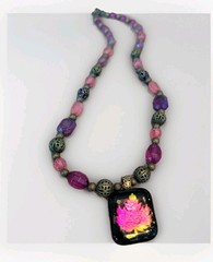 Necklace: Hot Pink Glass Pendant/Iridescent Maple Leaf Signed + Bonus See Pic.