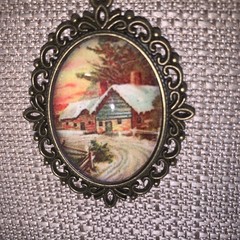Cabochon Handmade Necklace With Winter Scene Bronze Chain And Pendant Tray