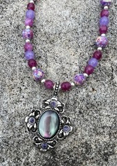 Victorian Pendant Necklace w/Pink tourmaline, Purple Jade & Sea Sediment Jasper