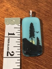 Indie Boho Fused Glass Pendant Mountain Cedar Trees Bird 2” Silvertone Loop Blue