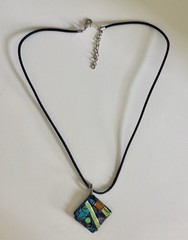 Handmade Fused Dichroic Glass Pendant Necklce Colorful Abstract Geometric Square