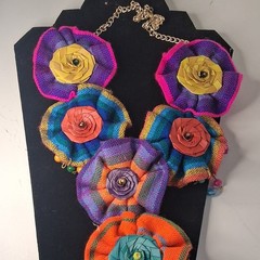 Multicolor Fabric Flower Bib Statement Necklace with Beads