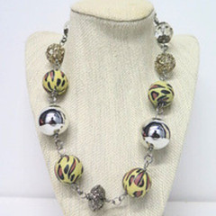 Handmade Artisan Yellow Beaded Statement Necklace Silver Tone Toggle Clasp