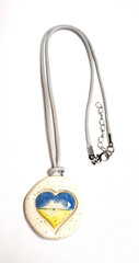 Rustic Heart White Yellow Blue Polymer Clay Oval Pendant Necklace 19″ Boho GUC