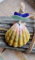Sunrise Shell & Blue Sea Glass Braided Necklace for a man or woman Teen Hawaiian