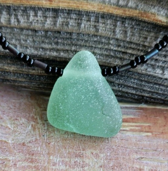 Gift for Her Green Sea Glass Necklace Surf Hawaii Beach Genuine Beaded Bright