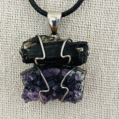 Amethyst and Black Tourmaline Wired Wrapped Crystal Pendant Black Cord Necklace
