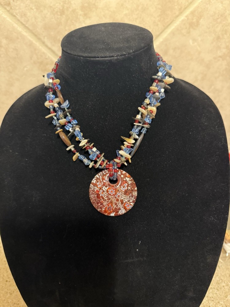 Art Glass Round Pendant Millefori Red White Blue Stones Abalone Chips Boho