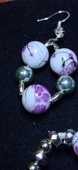 Handcrafted white and purple floral patterned Glass bead bracelet earring set.