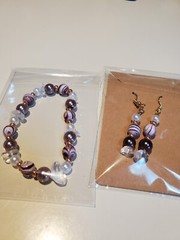 Handmade Gold Earrings And Bracelet Brown Beads, Gems And White Very Pretty