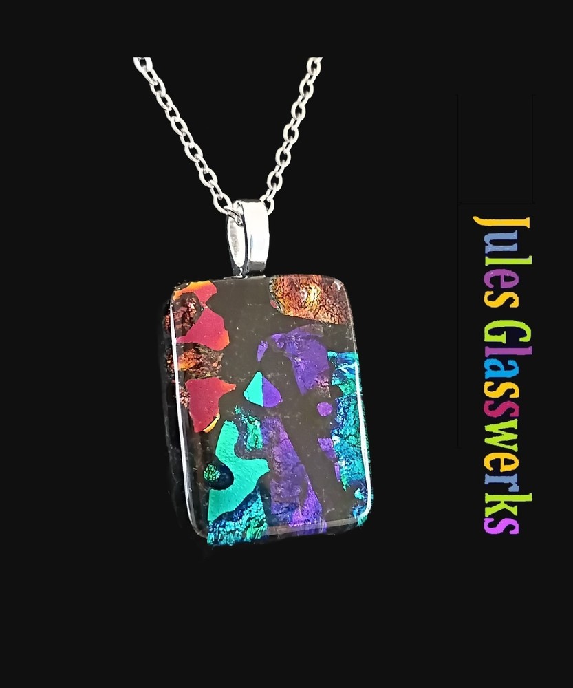 Hand Crafted Dichroic Fused Glass Pendant Necklace W/ Chain #1638