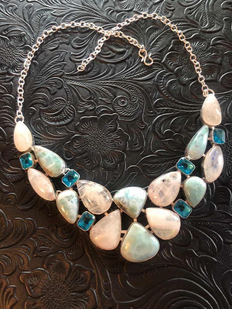 Artisan Southwest White Moonstone Blue Larimar Crystal Cluster Necklace 18-19″
