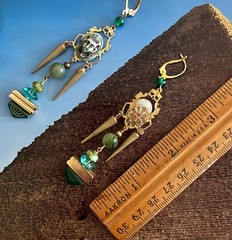 Handcrafted Egyptian Revival Earrings, Pharaoh, Tut, Czech Glass, Green, Gold