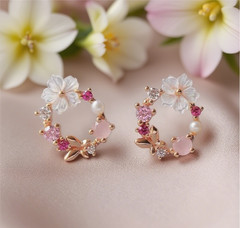 Natural Pearl Crystal Flower Post Earrings Rose Gold Butterfly Stud Earrings
