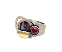 Christophe Poly Silver Tone Modernist Artisan Red Cabochon Ring, US Size 5.5