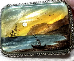 Vintage Brooch Fedoskino Hand Painted Mother of Pearl Coastal Ships Signed KM 98