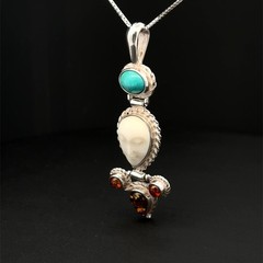 Sterling Silver Handmade Carved Face W/Turquoise Amber Pendant(3/4 x 2 3/8 Inch)