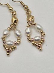 Handmade Artisan Freshwater Pearl and Galvanized Gold Miyuki Seed Bead Earrings