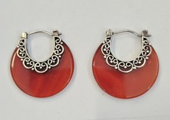 Flat Round Sterling & Carnelian Earrings 1” Signed Meran Indonesia
