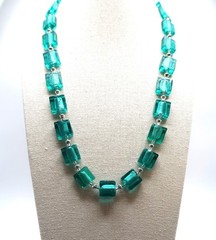 Silver-lined Teal Glass Tile Necklace, Handmade in USA, ~21”