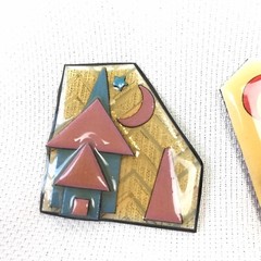2 Vtg House Pins By Lucinda Moon Star House Trees Brooch Resin Mixed Materials