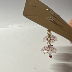 Handcrafted Umbrella Dangle/Drop Hook Earrings Gold Tone White Red Love 2in