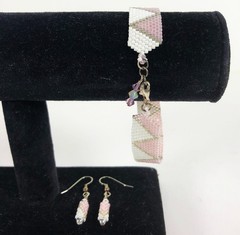 Bracelet and Earrings Peyote Stitch Pale Pink White Silver USA Made