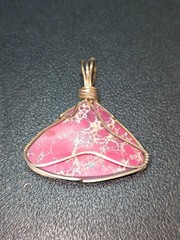 Handmade Pink Imperial Jasper Wire Wrapped Triangle Pendant Statement Jewelry