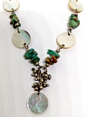 Handmade Silver Tone Chain And Turquoise Chips W/ Mop Rounds 16 inch Necklace