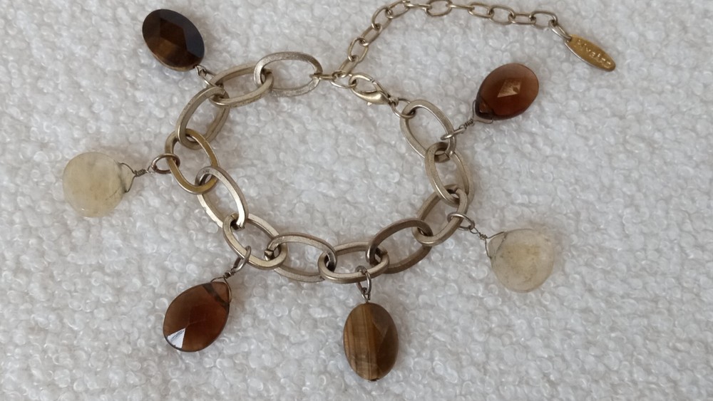 Nygard Signed Designer Tigers Eye, Smoky & Rutilated Quartz Bracelet 7-10 in adj