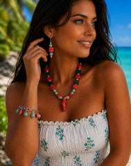 Red Cubed Coral Beads, Serpentine Jasper & Black Lava Stone Beaded Jewelry Set