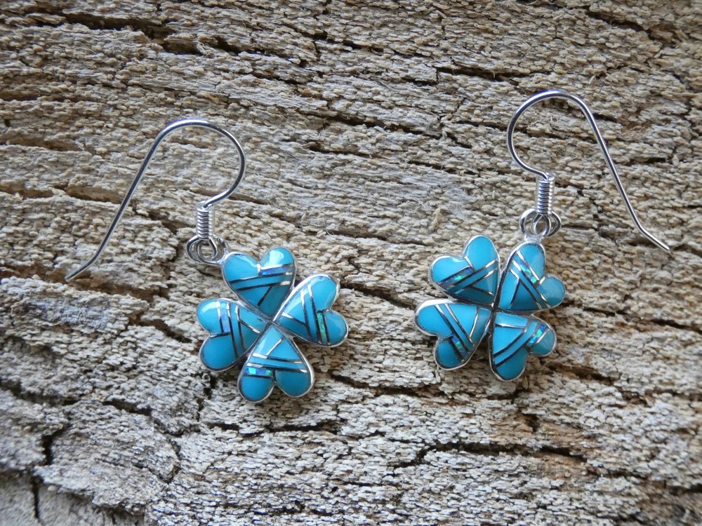Love Luck Clover Southwest Sterling Silver Turquoise Gemstone Opal Earrings AA95