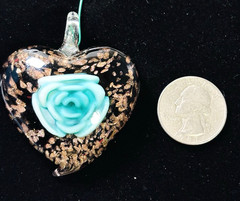 Turquoise Floral Blown Glass Heart Pendant with Gold Sparkles 2.25 in