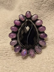 Large Black Agate & Pink Moonstone Sterling Silver Adjustable Ring