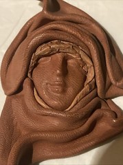 Handmade Brown Leather Sculpture Woman Female Head Face Pin Brooch Artistic Boho