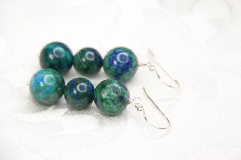 Azurite Blue Green Natural Gemstone 10 & 12mm Ball 925 Sterling Silver Earrings