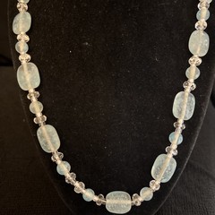 Handmade Lampwork Art Glass Bead Necklace Blue White Frosted Glass Toggle Clasp
