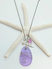 Sea Glass Necklace Jewelry w/ Lavender Pendant Silver Wire Wrapped Handcrafted