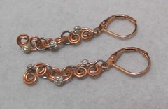 Artisan Copper Swirls Silver Tone Beads Lever Back Dangle Earrings 1-3/4”