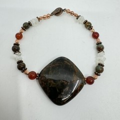 Bloodstone (March) Carnelian & Moonstone Copper Beaded Bracelet Snap Clasp 8”
