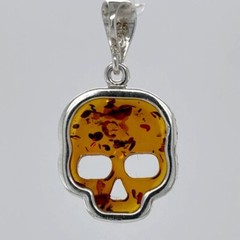 Cognac / Brown BALTIC AMBER Dead Skull Pendant 925 STERLING SILVER Tibuki #9036e