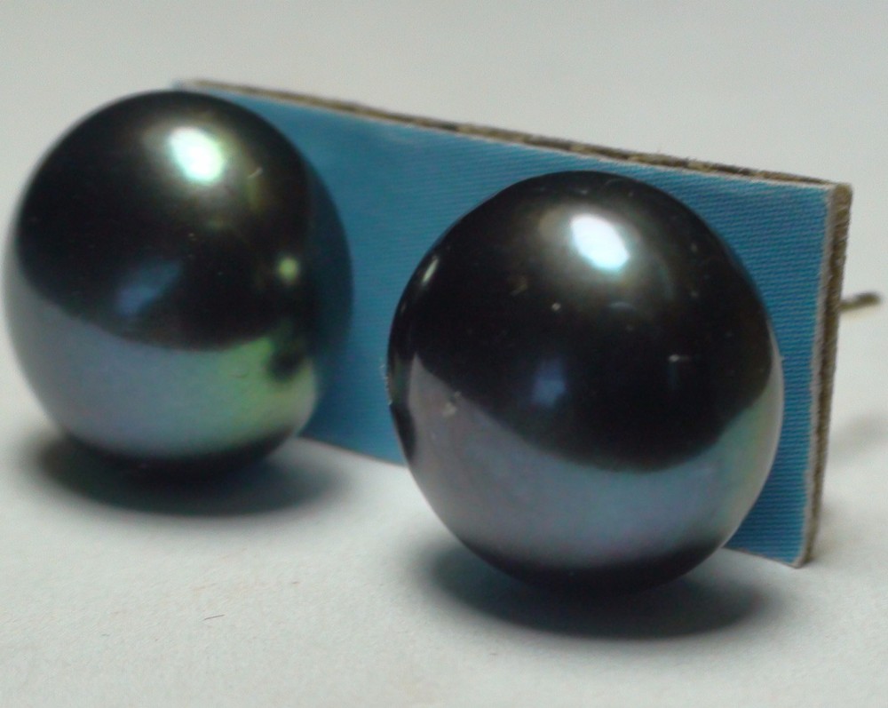 GENUINE TAHITIAN FRESHWATER BLACK PEACOK PEARL 925 S.SILVER EARRINGS 16.25 ct