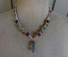 Fluorite Double Terminated Point Adjustable Hemp Necklace w Amethyst Stone Beads