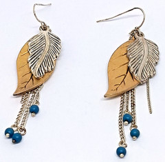 Drop Dangles Gold and Silver Tone Layered Leaves With Blue Bead Chain Earrings