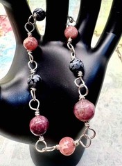 Sterling Silver Rhodochrosite Tourmaline Snowflake Obsidian Gemstone Bracelet