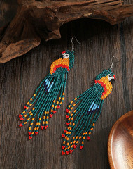 Colorful Beaded Parrot Bird Dangle Earrings Boho Statement Fringe Handmade