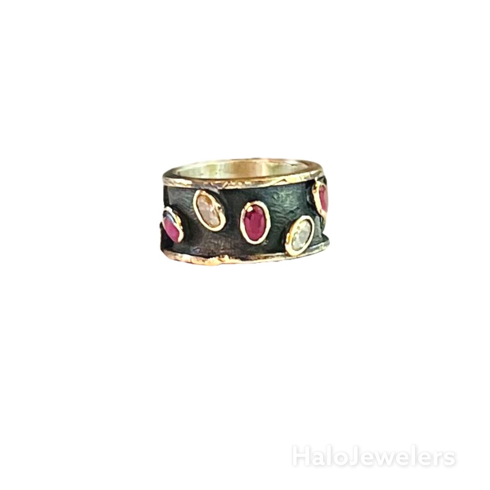Handmade 925 Sterling Silver Black Brilliant Cut Oval CZ and Rubies Stone Ring