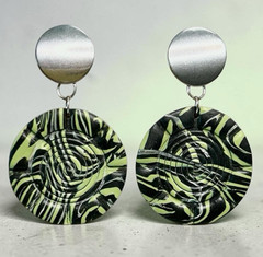 Green & Black Marbled Print Mandala Handmade Large Polymer Clay Dangle Earrings