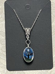 Pendant Nature Flower Tree Lacework Glass Two Sided Silver 18” Boho Necklace