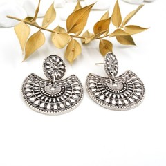 Boho Antique Silver Fan Dangle Stud Earrings Sunburst Cutout Ethnic Jewelry